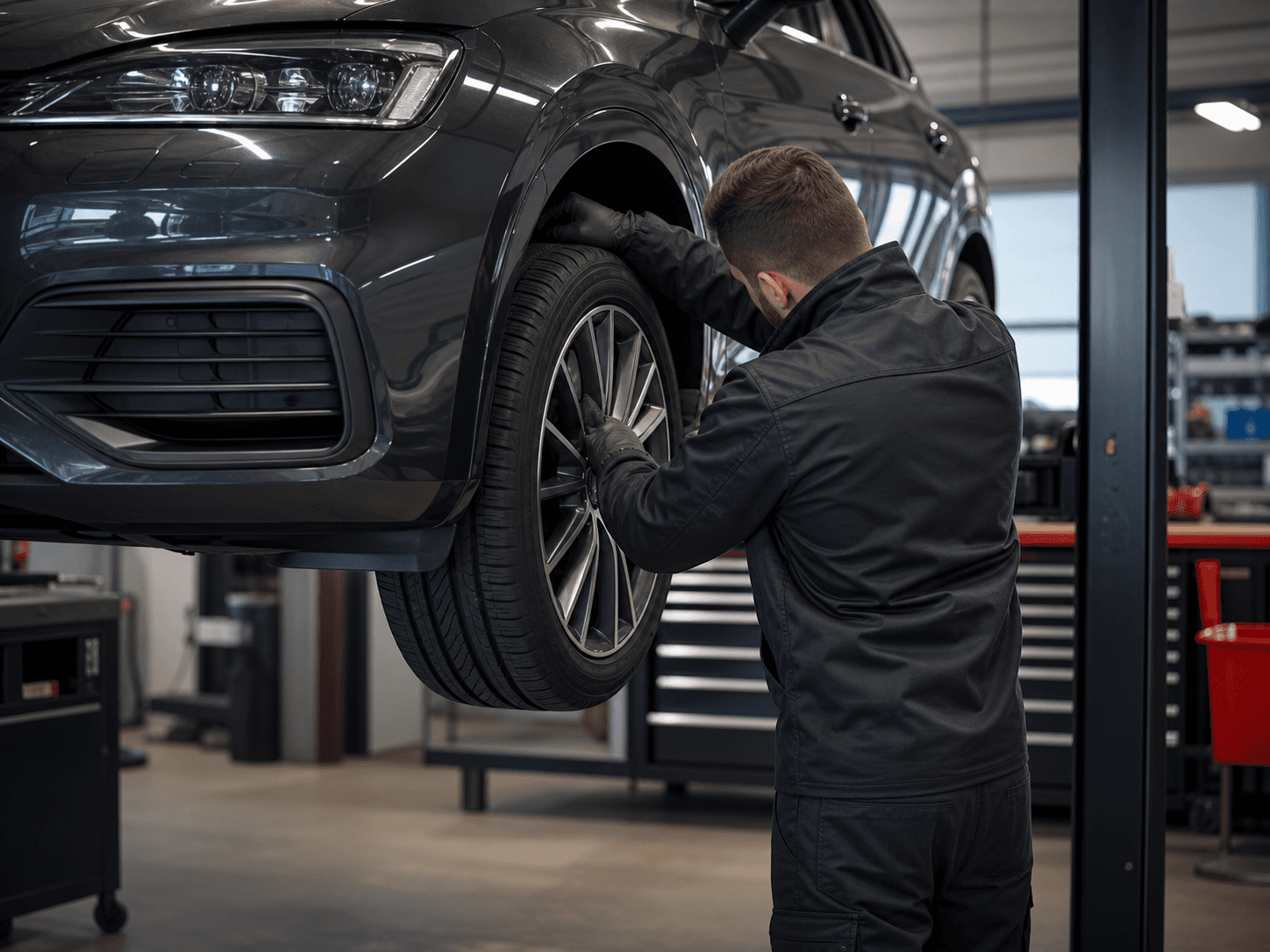 Mehaničar proverava točak automobila u radionici